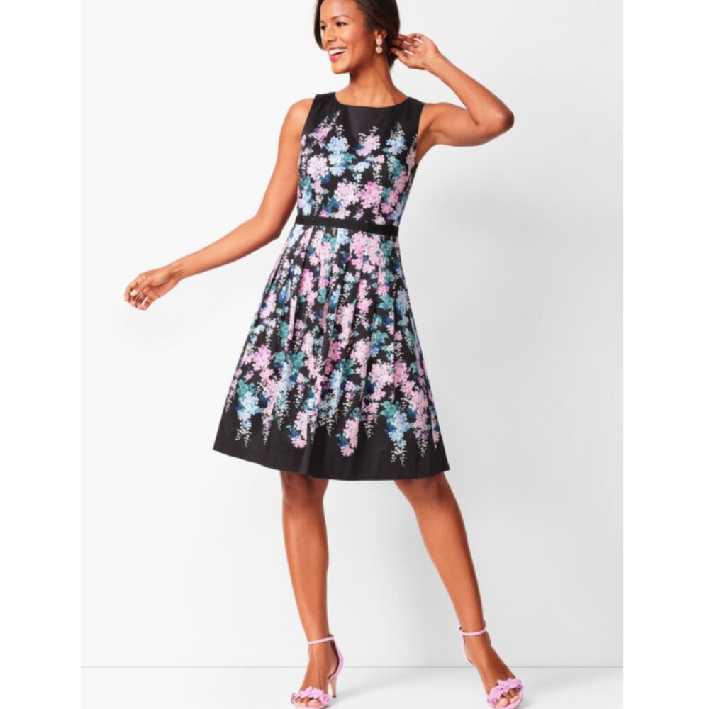 RSVP by Talbots Floral Sateen Fit & Flare Black Pink Dress 6